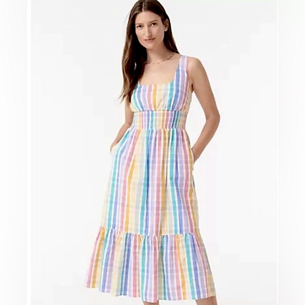 🌻J. Crew Rainbow Stripes Square Neck Midi Dress